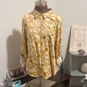 Cream and Gold Chain Print Button-Up Blouse